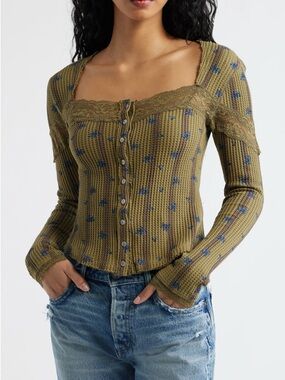 FREE PEOPLE Let's Party Cardigan Beehive Combo - Size XS - Waffle Knit Lace Top